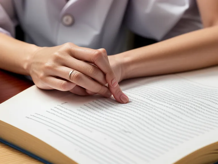 Eine Hand markiert wichtige Stellen in einem Fachbuch über Neurobiologie am Schreibtisch.