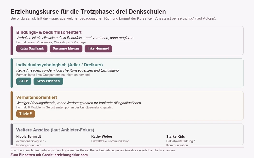 Übersicht der Online-Erziehungskurse nach pädagogischer Denkschule: bindungs- und bedürfnisorientiert, individualpsychologisch (Adler/Dreikurs) und verhaltensorientiert, plus weitere Ansätze, jeweils mit den zugehörigen Kursen